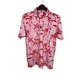 Bad Birdie Polo Shirt Men Medium Coral Palm‎ Tree All Over Print Golf